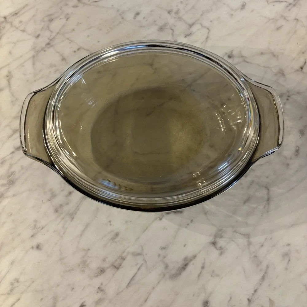Vintage Glasbake Oval Amber Casserole Dish W Lid Yellow Daisy Flowers‎